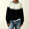 Womens Oversized Crewneck Knit Sweater With Colorblock Cable Jacquard Fall Winter Loose Fit