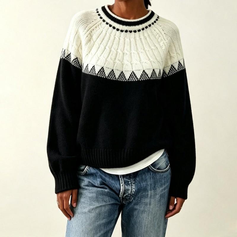 Womens Oversized Crewneck Knit Sweater With Colorblock Cable Jacquard Fall Winter Loose Fit