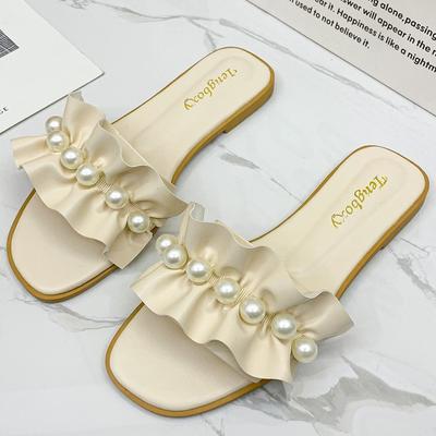 Fashion Women Slides Faux Pearl Decor Ruffle Trim Sandals Open Toe Wear-resistant Flat Slippers Summer Sandy Beach Sandals Women Shoes