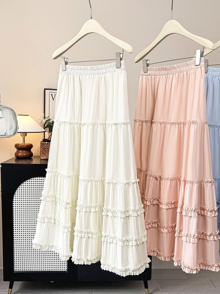 Korean-Style Black Layered Ruffled Lace Long Skirt - Women's Spring/Summer 2026