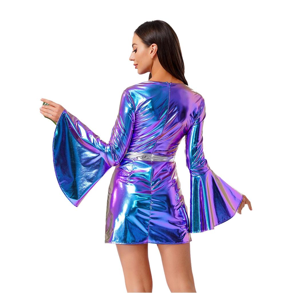Womens 70s Disco Costume V Neck Flared Sleeve Crystal Decor Metallic Shiny Bodycon Dress
