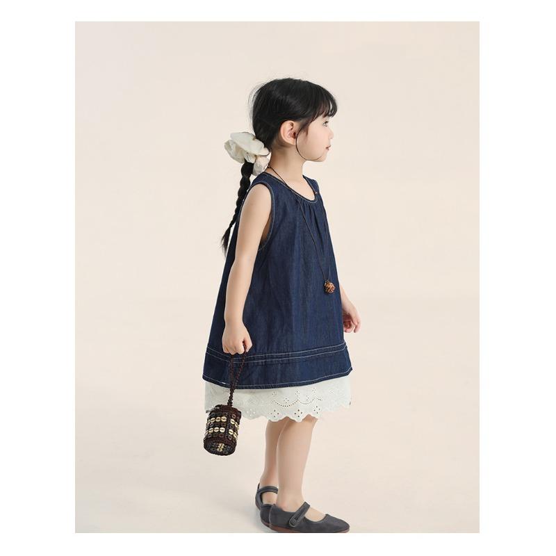 Kids Girls Korean Style Contrast Color Lace Denim A Line Dress