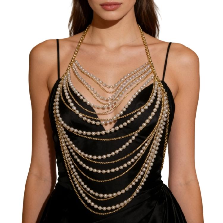 Pearls Body Chain Bra Multilayer Pearls Chest Chain Body Accessories Jewelry for Women Girls Nightclub Raves Body Jewel 1