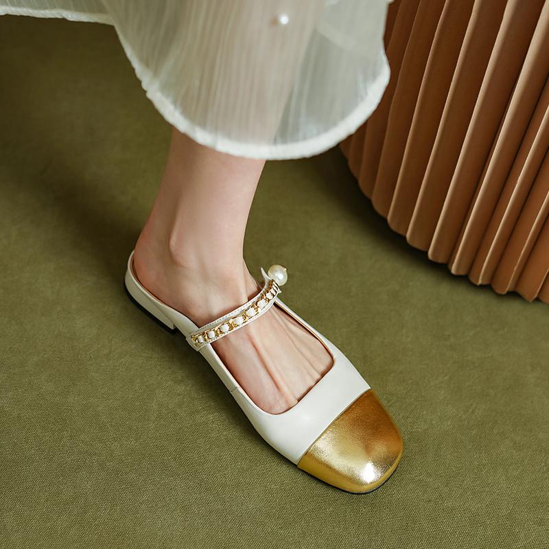 Fashion 2024 Summer Women Mules Genuine Leather Shoes for Women Cover Toe Low Heel Slippers Square Toe Sandals Internal Elevation Shoes