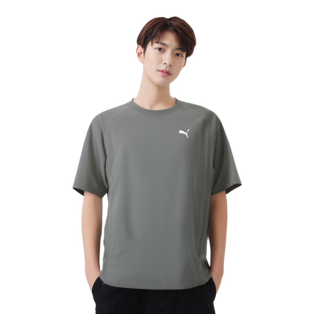 Puma Ess Elevated Woven Logo Round Neck Loose Fit Raglan Short Sleeve T-Shirt Unisex T-Shirt Gray 635913-71