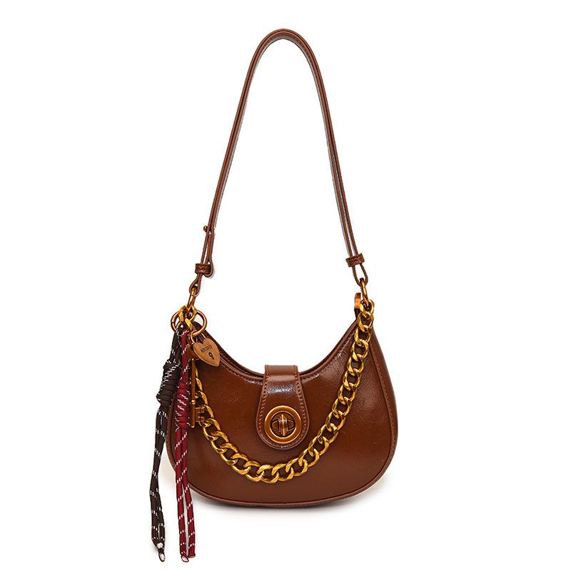 

Нишевый дизайн сумка-мессенджер полумесяц женская модная ретро сумка через плечо для通勤 с простым цепным ремешком, портативная сумка подмышку single package коричневый