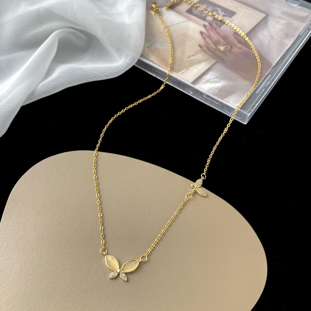 Stainless Steel Luxury Gold Color Opal Butterfly Pendant Necklace for Women Exquisite Zircon Chokers Bride Jewelry Colorfast