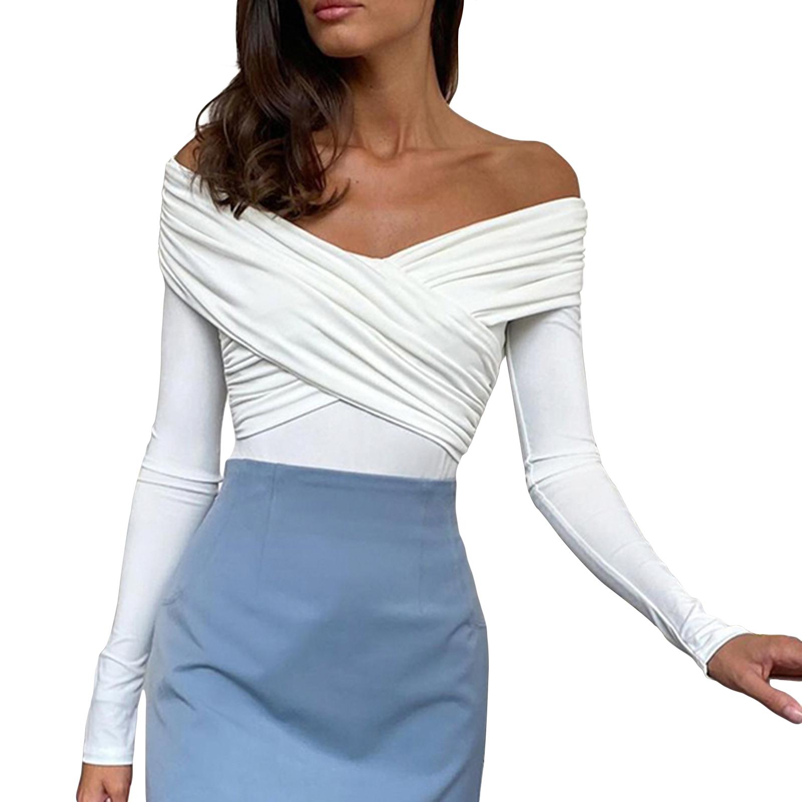 

Женские однотонные короткие футболки с V-образным вырезом спереди, длинными рукавами и открытыми плечами, рубашки весна-осень, облегающие топы, уличная одежда L белый