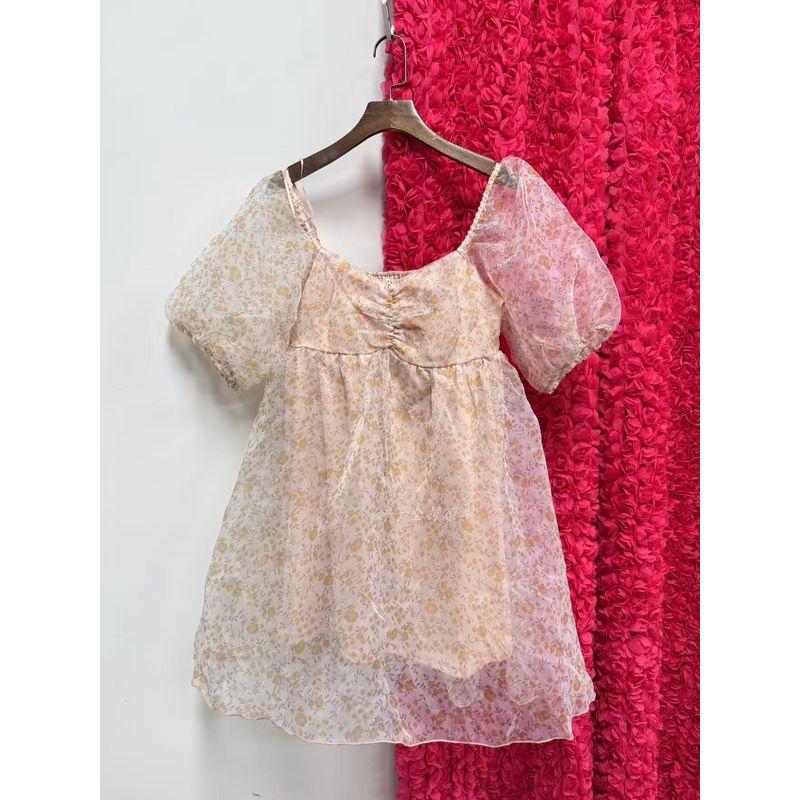 Export Single Baevely Organza Pettiskirt Dark Pattern Exquisite Square Collar Puff Sleeve Short Sleeve Dress Short Skirt