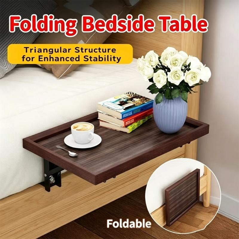 Small Room Bed Shelf Tray with Slip Under Mattress Fit, Raised Lip Wood Top, and Fold-Up Form for Sofa Side Use