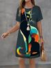 Rochie de vară la modă cu imprimeu 3D, lejeră, casual, cu mânecă scurtă, gât rotund, mini