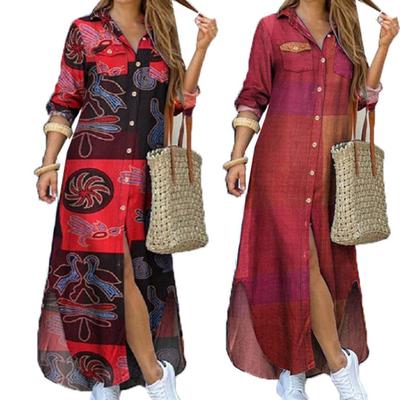Fashion Women Dress Single-breasted Long Sleeve Printed Loose Maxi Shirt Dress