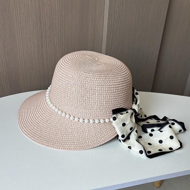 New Dome Duck Tongue Straw Hat Elegant Pearl Polka Dot Streamer Big Edge Beach Hat Seaside Travel Sun Protection Hat