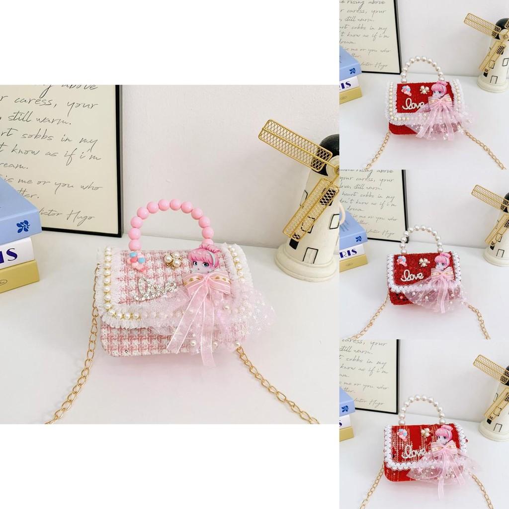 Adorabile Borsa a Tracolla Mini Stile Principessa per Bambine con Perle e Dettagli in Pizzo
