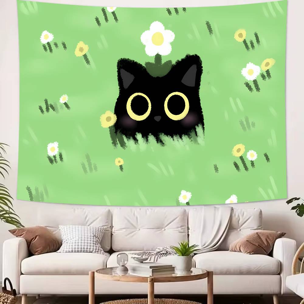 XL Pretty Cute Green Cat Art Tapestry Decoration Bedroom Dormitory Background Cloth Holiday Home Party Living Room Club Tapestry