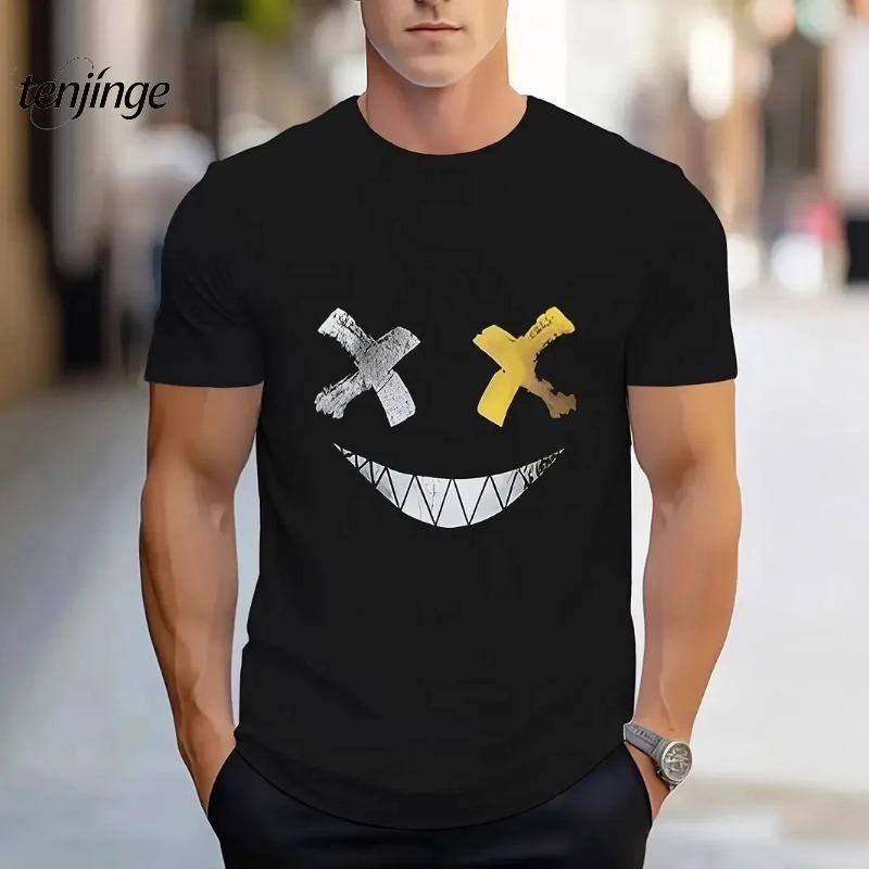 

New Short Sleeve T-Shirt Smiley Print Crew Neck Breathable Men s Top for All Seasons Comfortable Chinese Production XXXL чёрный