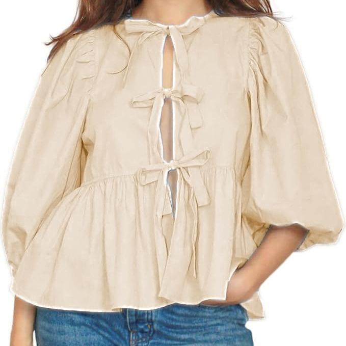 Jarní trička s O výstřihem s kontrastní mašlí na šněrování pro ženy Volná dlouhá halenka s lucernovými rukávy