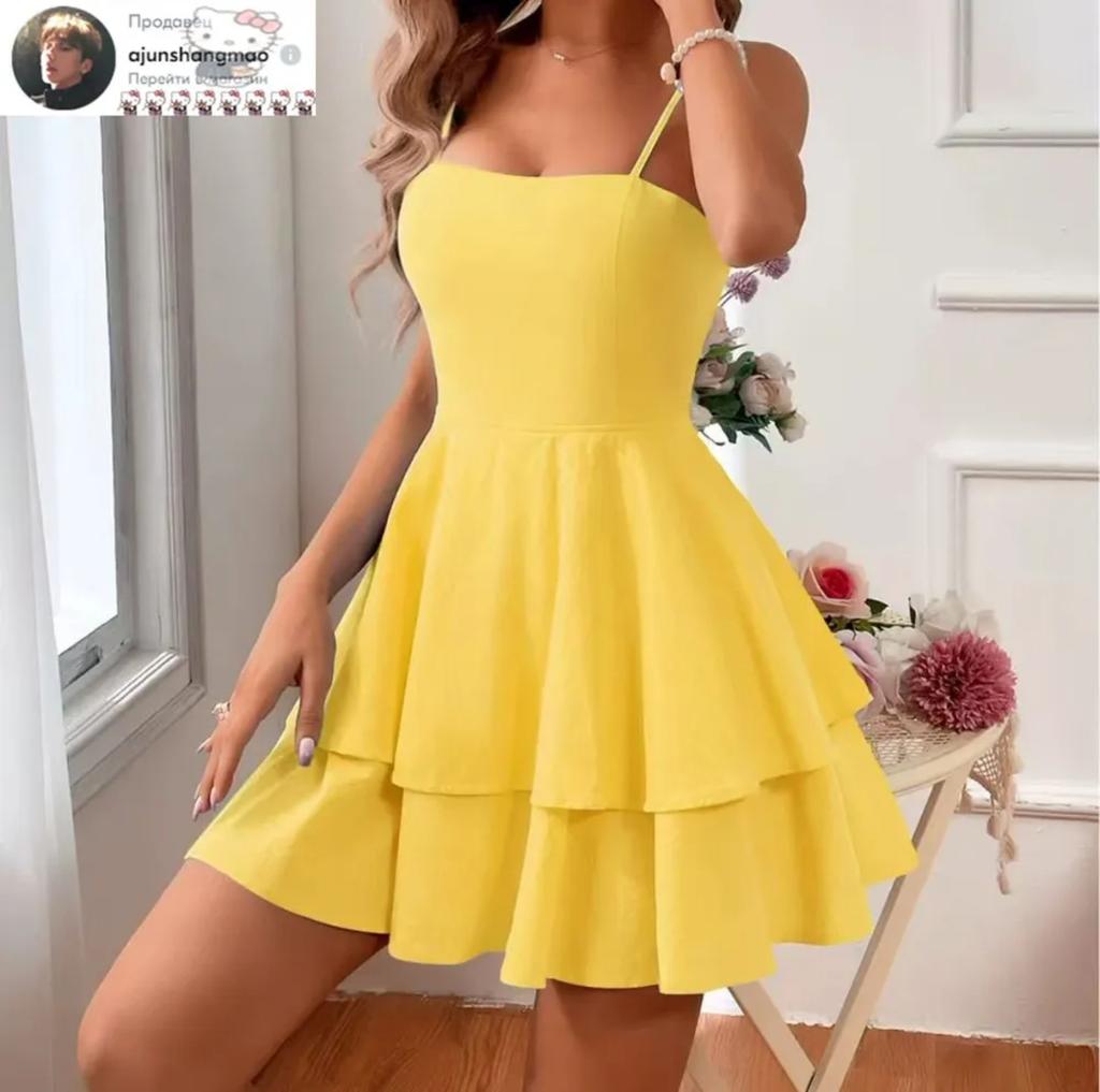 Backless Bow Tie Spaghetti Strap Dress Layered Ruffle Hem Mini Dress Summer Casual Party Dress for Women