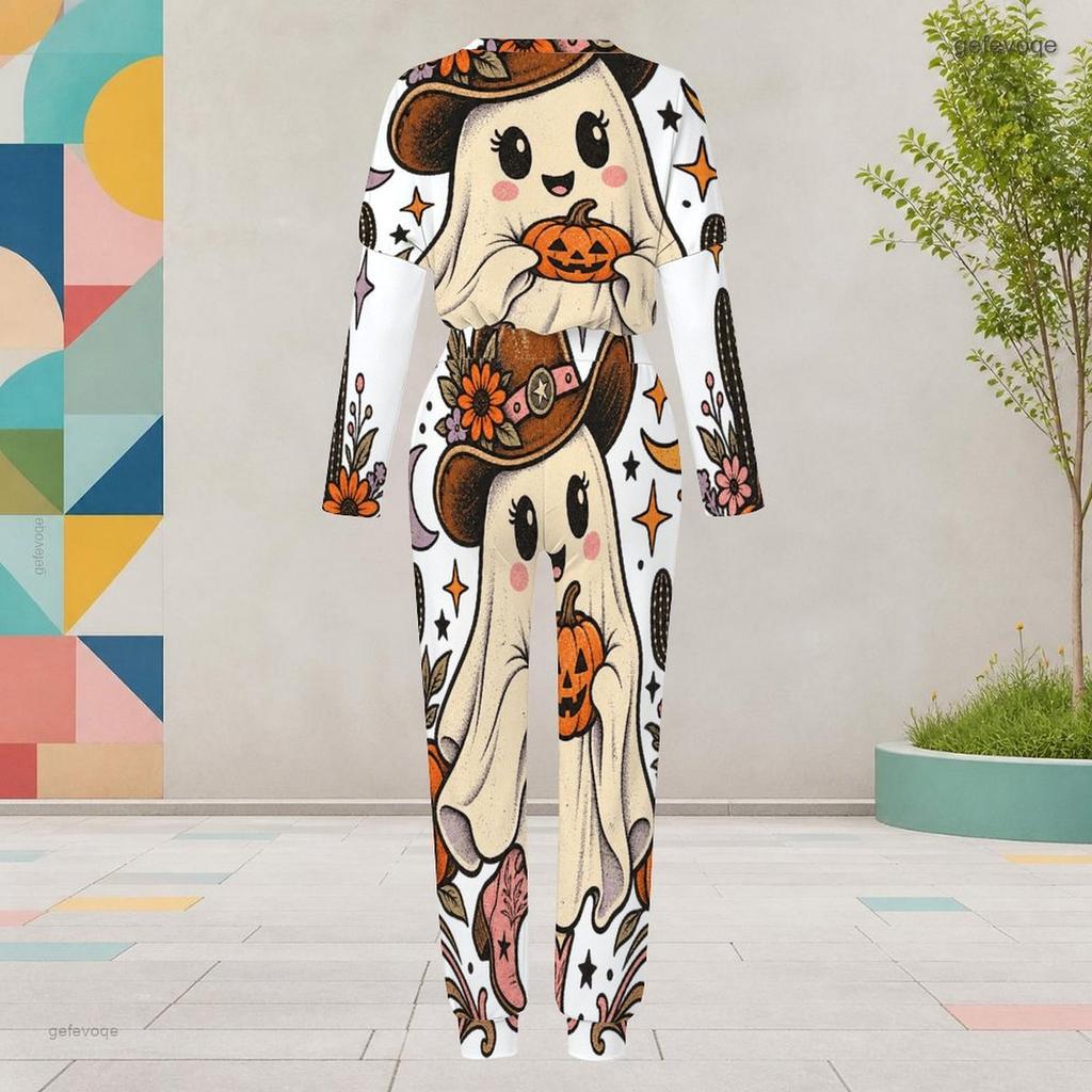 Women Plus Size Round Neck Long Sleeve Dachshund Halloween Printed Cuffed Two Piece Pants Set With Pockets