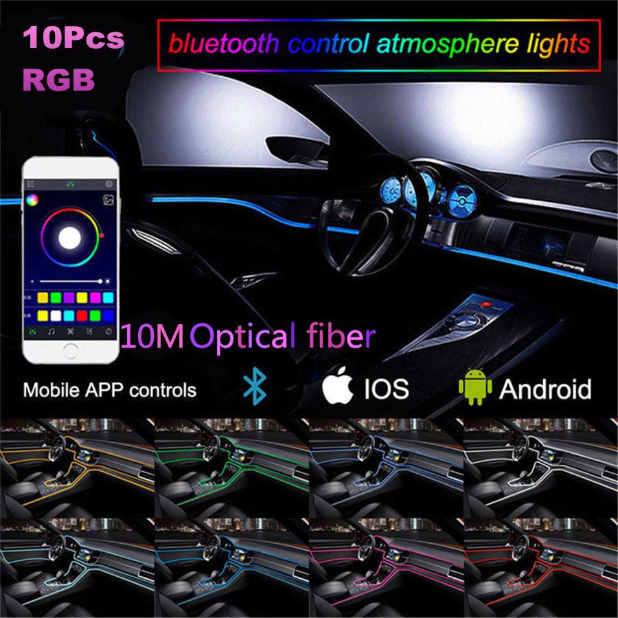 10 in 1 RGB LED Car Interior Neon EL Fiber Optical Strip Light Atmosphere Lamp