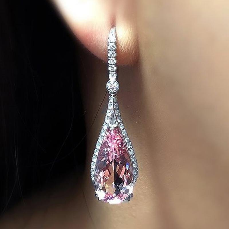 Luxury Copper Color Metal Inlaid Pink Zircon Earrings for Women Exquisite Fashion Engagement Wedding Dangle Earrings Jewelry