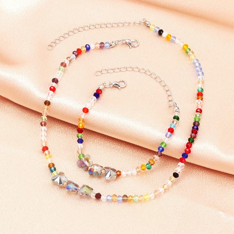 Retro ethnic style colored crystal butterfly necklace bracelet combination, personalized design sense handmade jewelry