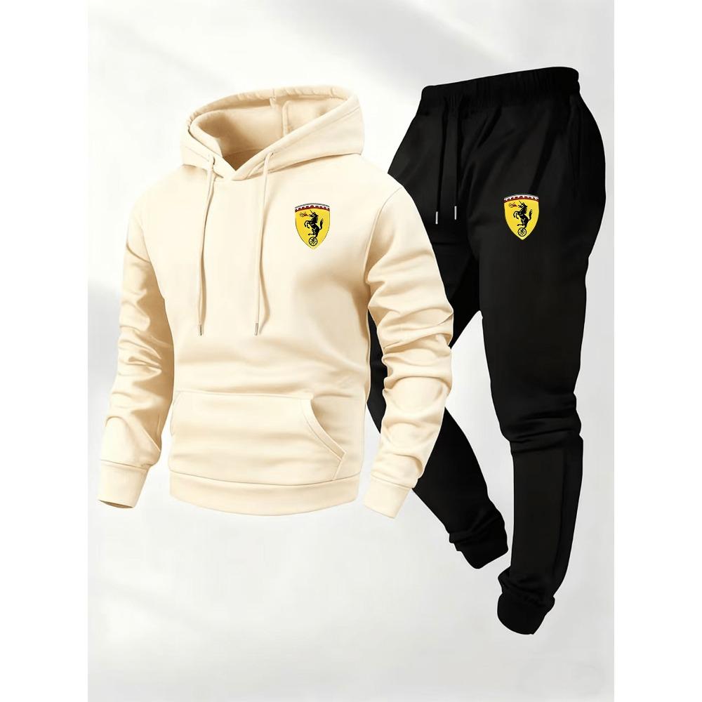 

Men S Thickened Fleece Hoodie And Sweatpants Set for Autumn And Winter, Made from Knitted Polyester Fabric, Featuring Print Patterns Set XXL