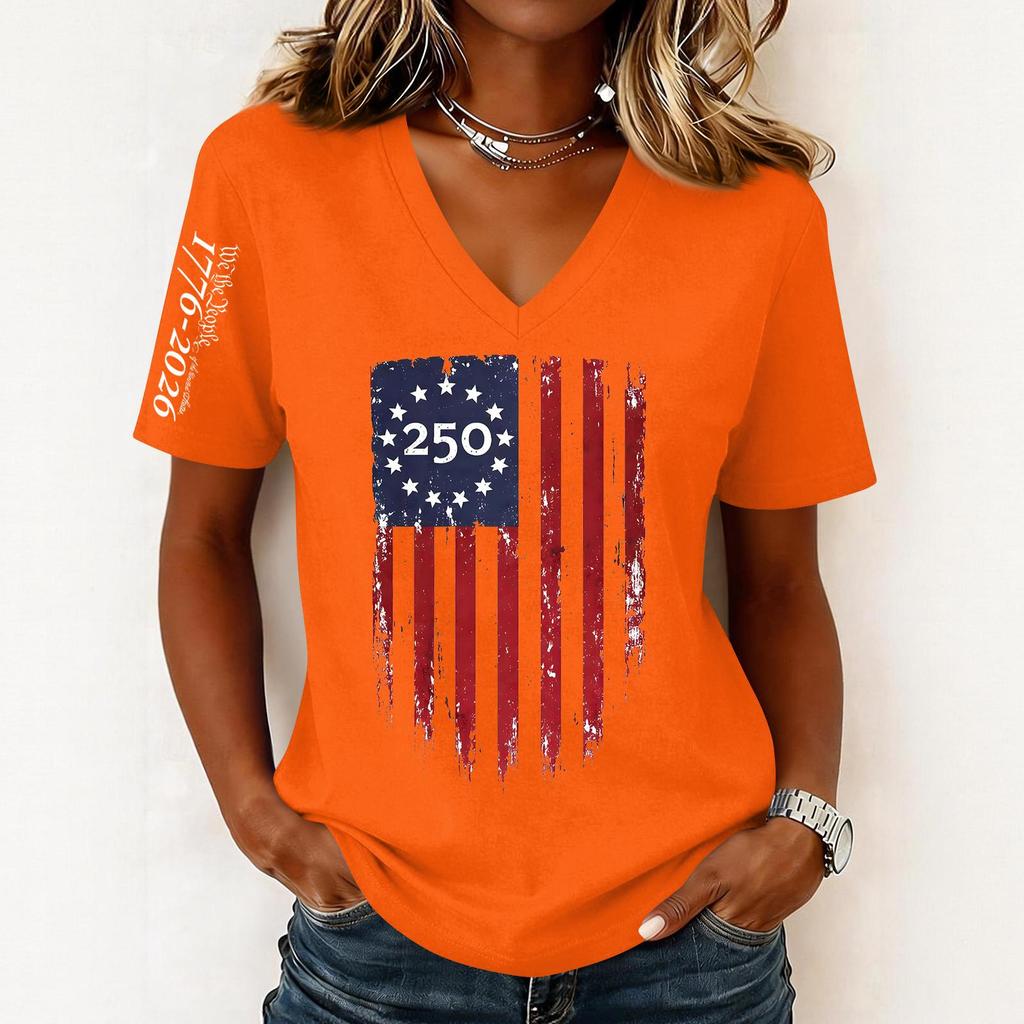 Women’s Casual V Neck Short Sleeve Pullover Top with 250th Anniversary Printed Graphic Lightweight Loose Fit T Shirt