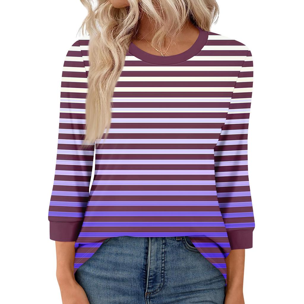 Women's Fashion Casual Seven Sleeve T-Shirt Print Round Neck Top