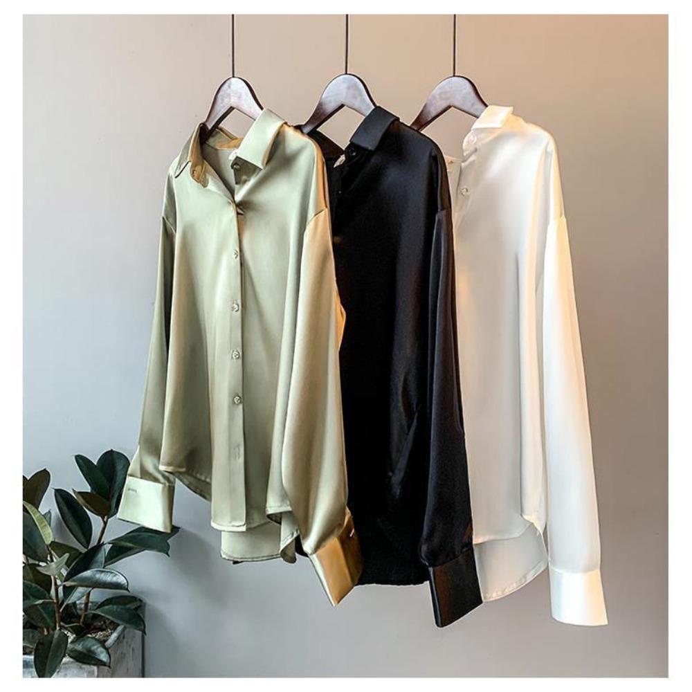 Women's Long Sleeve Satin Shirt Spring Summer Sun Protection Versatile Drape Retro Hong Kong Style Blouse Top