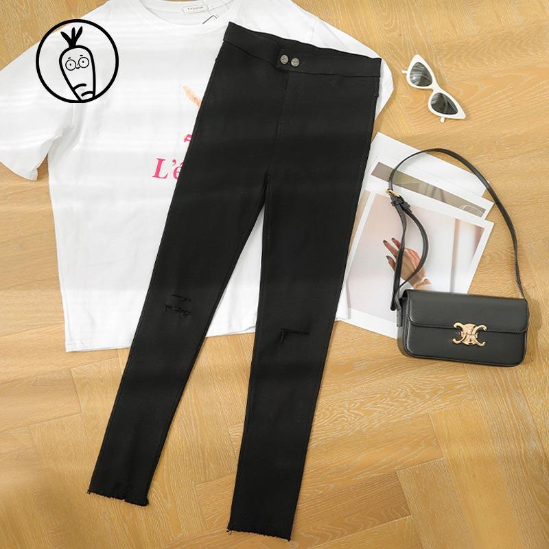 Ripped Magic Pants Women's Black High Waist Nine Points Small Feet Denim Tight Spring and Summer New Models Show Tall and Thin Beggar