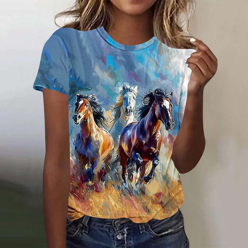 Summer Comfortable Soft Short Sleeved T-shirt Colorful Horse Riding Pattern Print Fashionable Relaxed Women's T-shirt