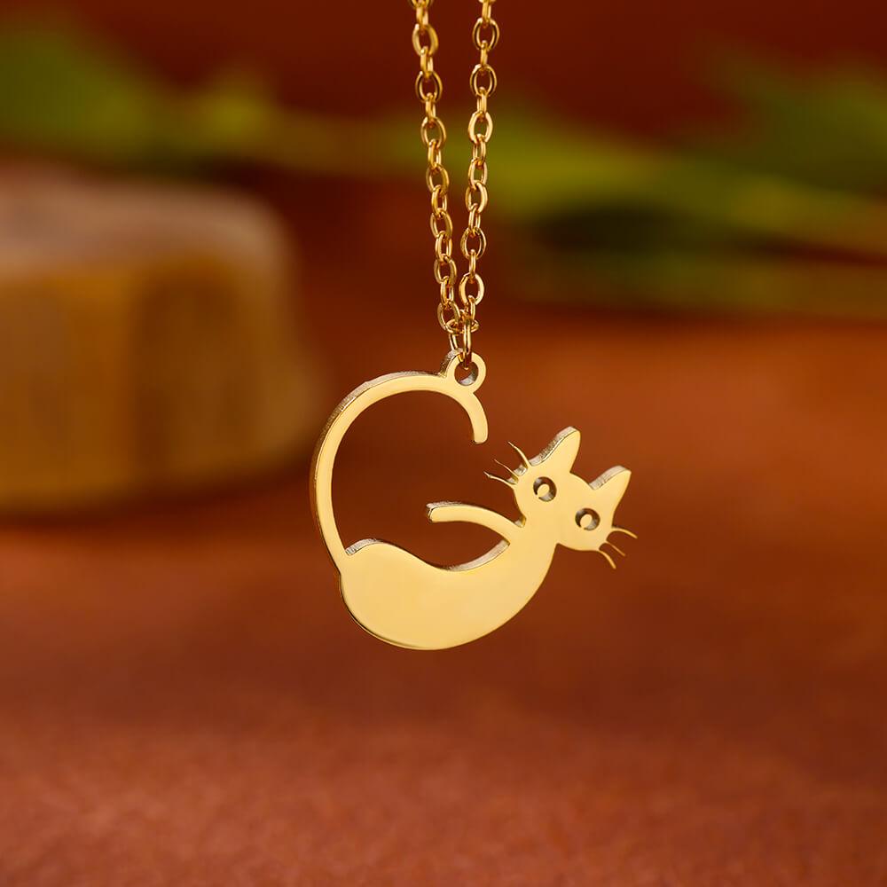 Stainless Steel Initial Letter Cat Pendant Necklace for Women Gold Color Animal Alphabet Necklaces Charm Fashion Jewelry Gifts