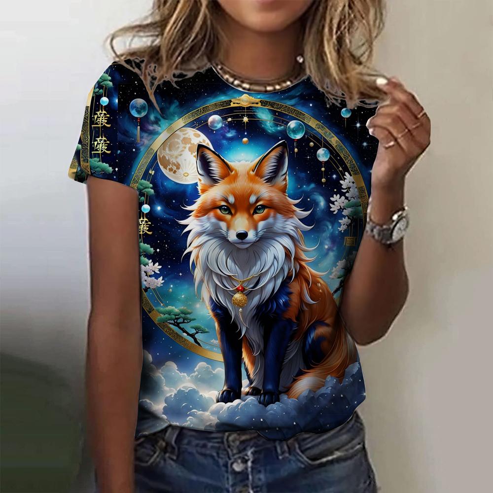 3D Printed Fox Pattern Women's T-shirt Summer Casual Round Neck Top Short Sleeve Loose T-shirt Daily Outing Short Sleeve