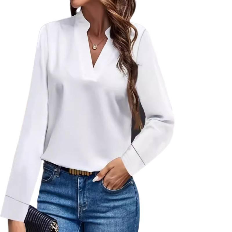 Simple Casual Solid Color V-Neck Loose Shirt Top Women