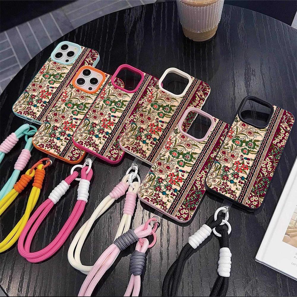 Vintage Persian Rug Pattern Protective Case For iPhone 15 14 17 Air 16 13 12 11 Pro Max Plus Litchi Texture Soft Cover Lanyard