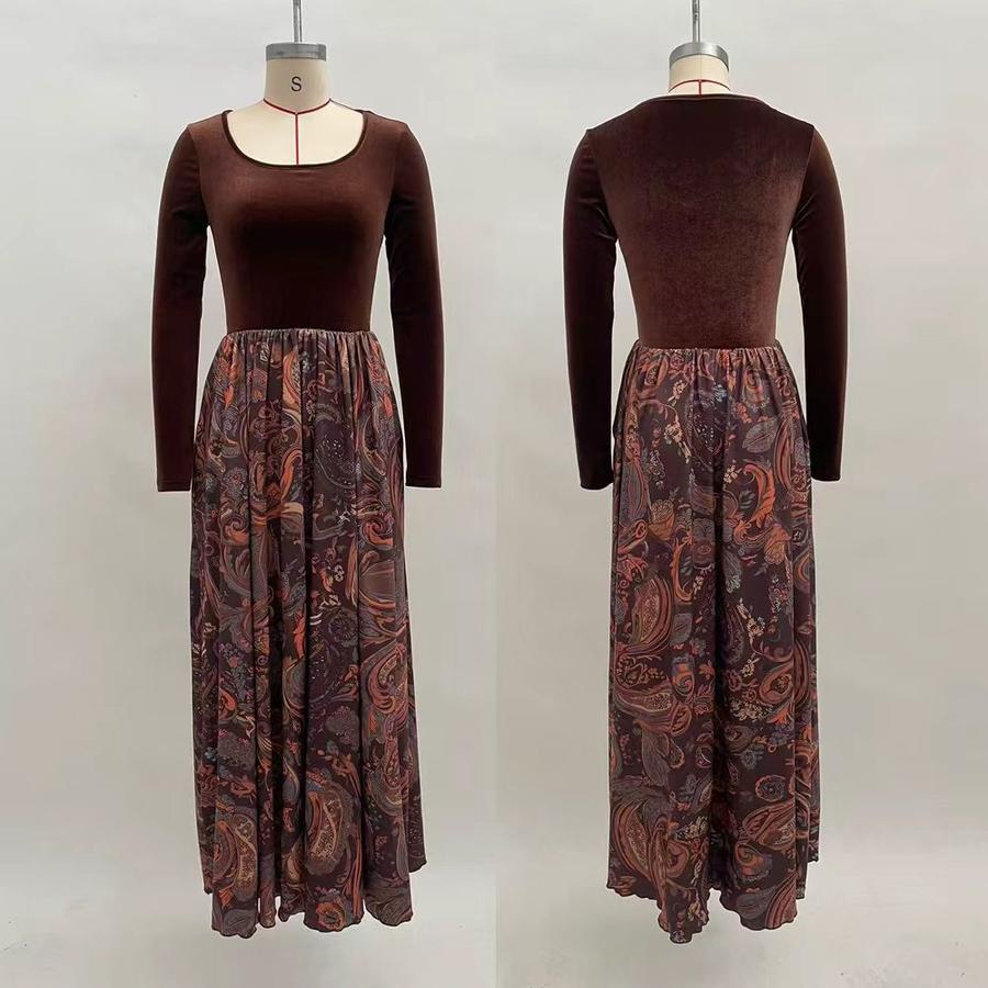 

Осінній Новий Жіночий Одяг Однотонна Приталена Темпераментна Максі Сукня з Принтом XXL коричневого цукру кольору