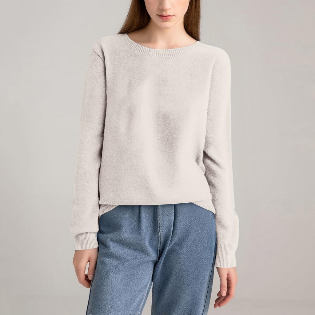Women's Fashion Knit Round Neck Pullover Base Layer Sweater Color Long Sleeve Top