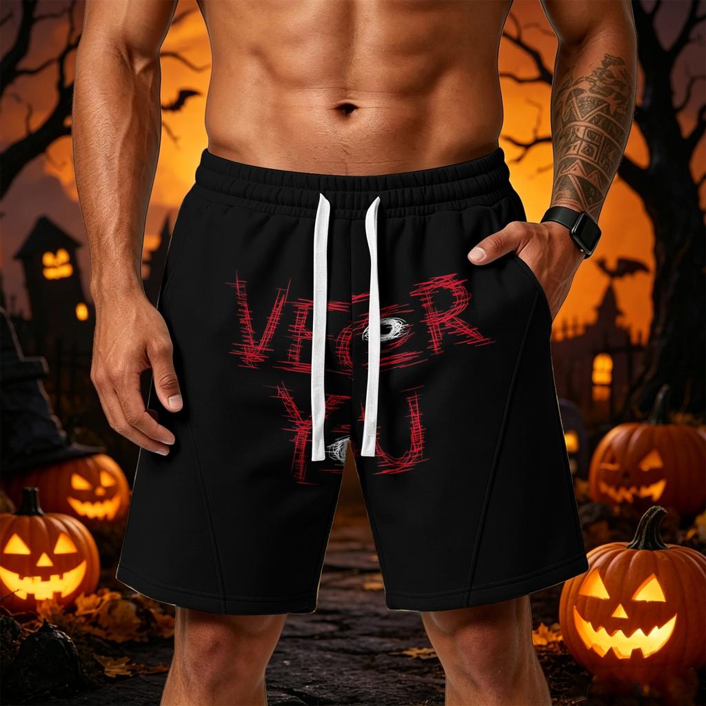 Men's Loose Fit Halloween Themed Athletic Shorts with Elastic Waistband and Multiple Pockets Casual Sportwear Bottoms for Outdoor Activities