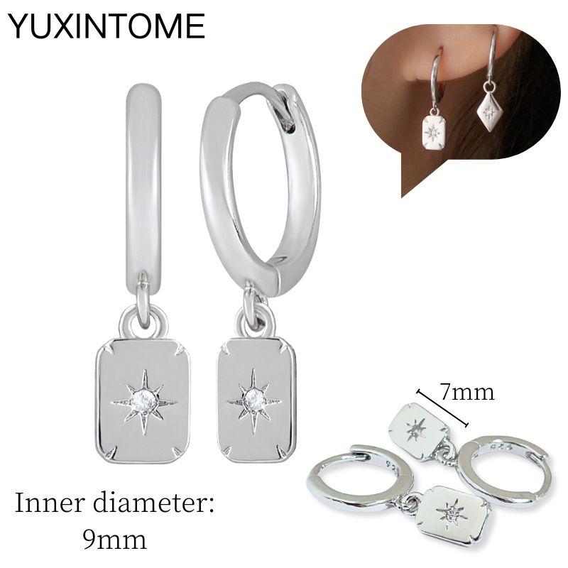 925 Sterling Silver Needle Vintage Square Round Pendant Earrings For Women Crystal Shell Geometric Earrings Fashion Jewelry