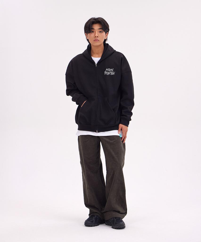 Astral Projection Graffiti Lettering Oversized Wide Shoulder Zip-Up Hoodie_Black