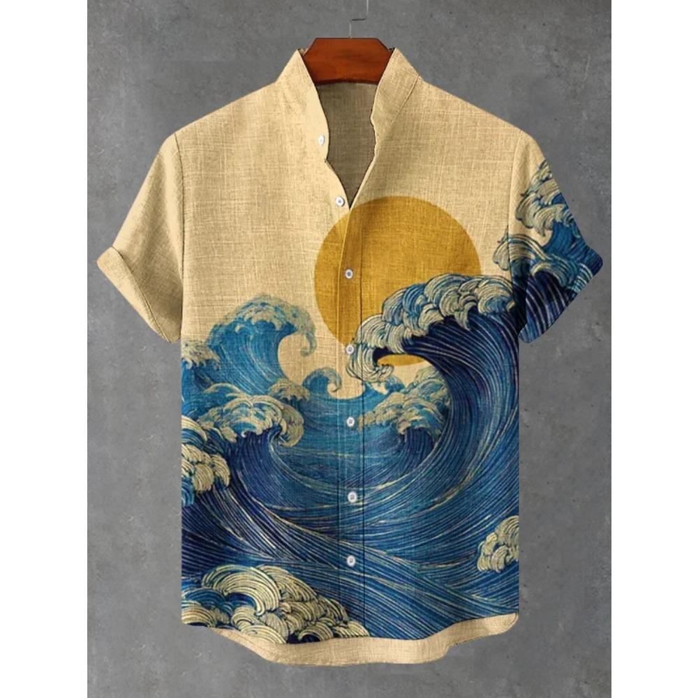 Men's Japanese Retro Art Black Cat Print Shirt Short Sleeve Stand Up Collar Single Breasted Casual Linen Top for Vacation