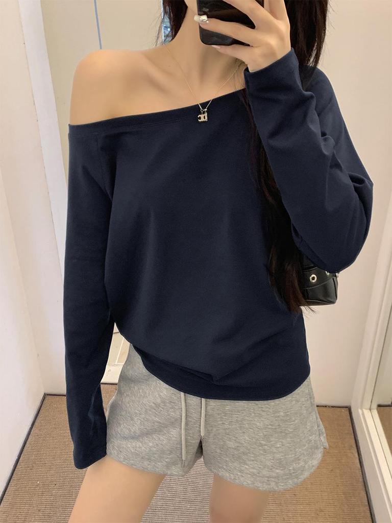 Zhang Jingyi Style Black Off-Shoulder Short-Sleeve Summer T-Shirt for Women - Slimming, Chic, Loose Fit, Diagonal Collar.