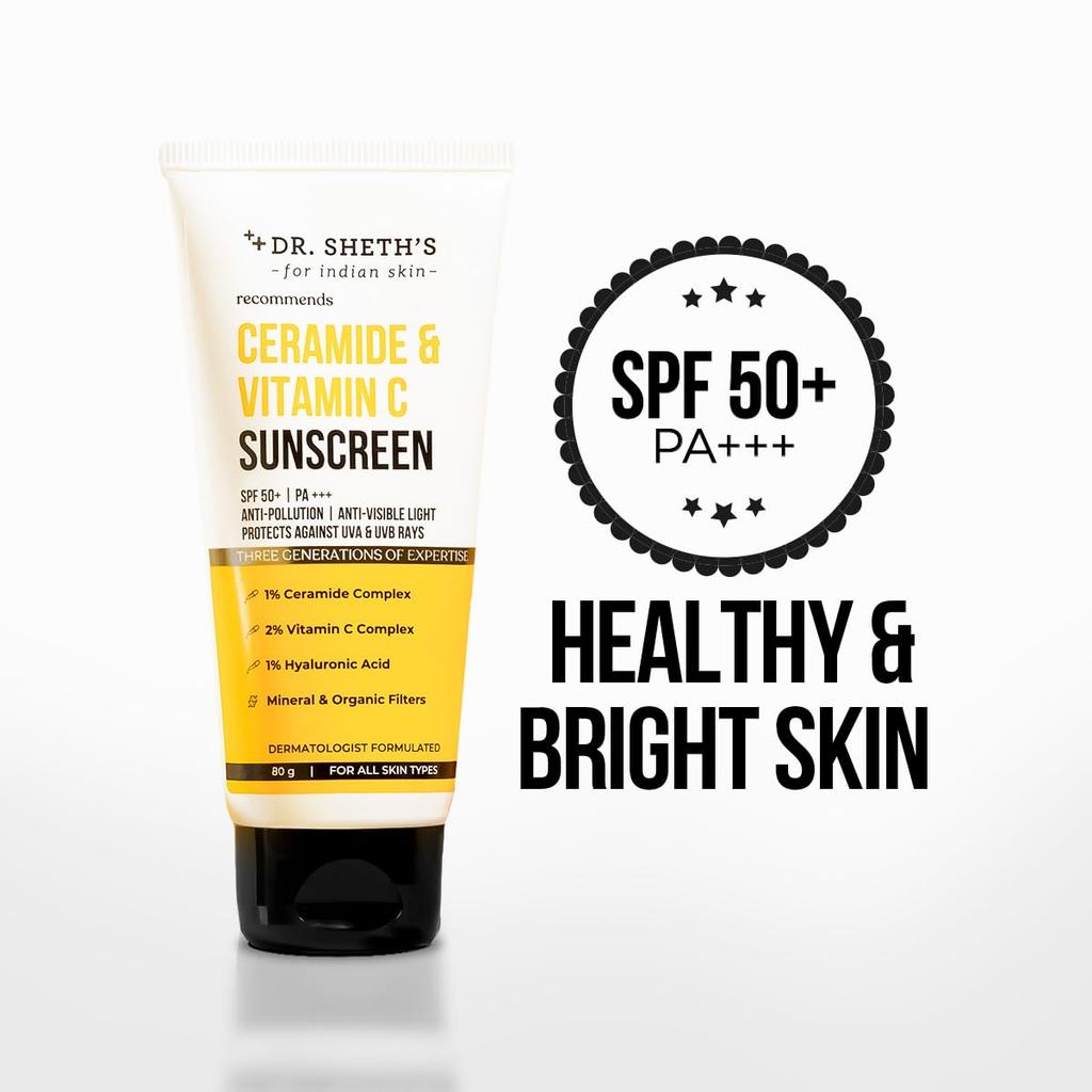 Dr. Sheth's Ceramide & Vitamin C Sunscreen SPF 50+ PA++++ Lightweight Non Greasy No White Cast For All Skin Types 80 g