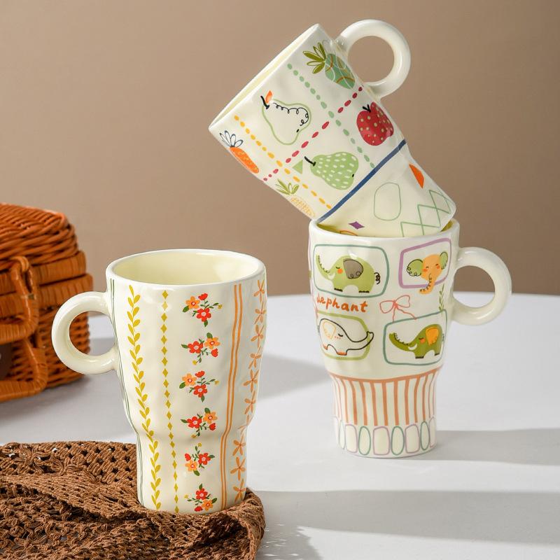 Hand Pinning Ceramic Cup with High Appearance Mug Artistic Goblet Illustration Cup Office Big Water Cup Women