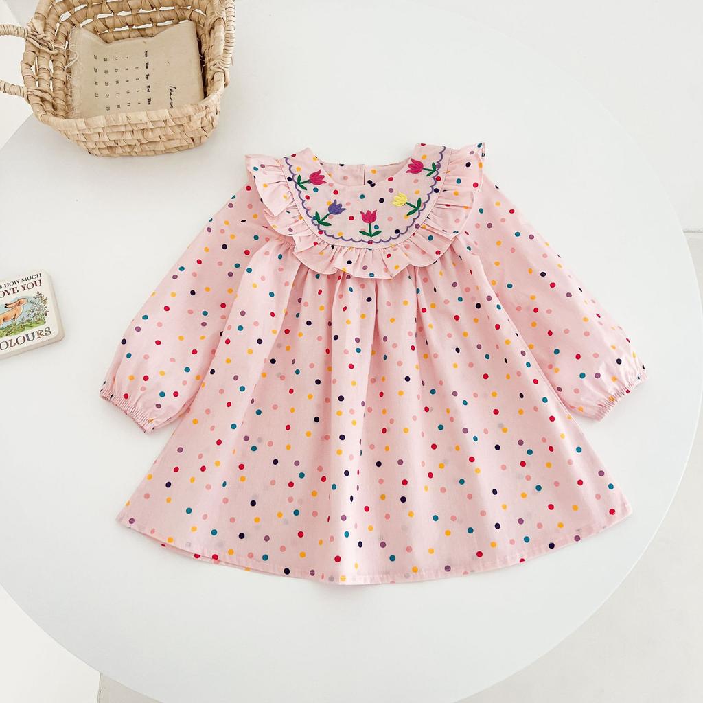Girls Summer Cotton Polka Dot Princess Dress With Embroidered Flowers Flutter Sleeve Baby Girl Sweet Breathable Party Dress