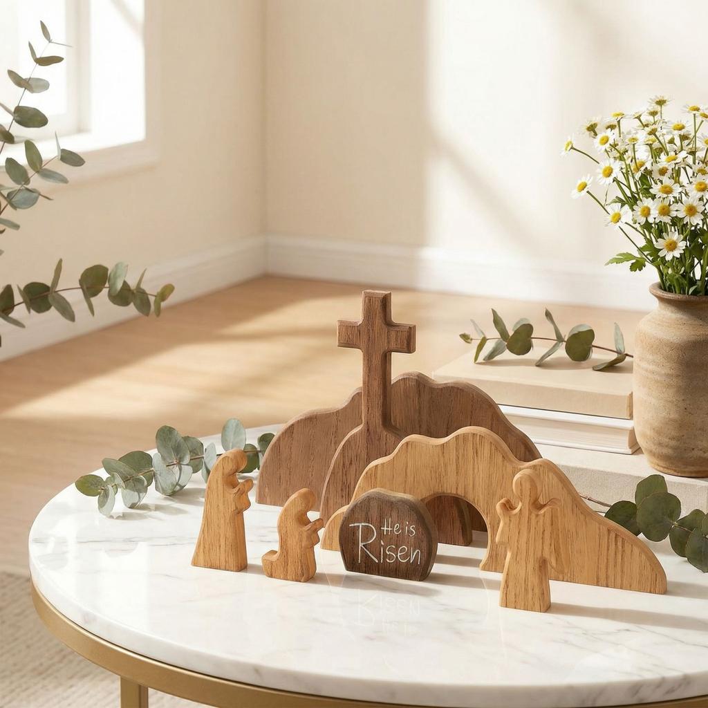 Wooden Decorative Tabletop Ornament For Easter Cross Scene