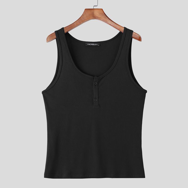 

INCERUN Men Sleeveless Casual Tank Tops Solid Color Rib Fitted Undershirts чёрный