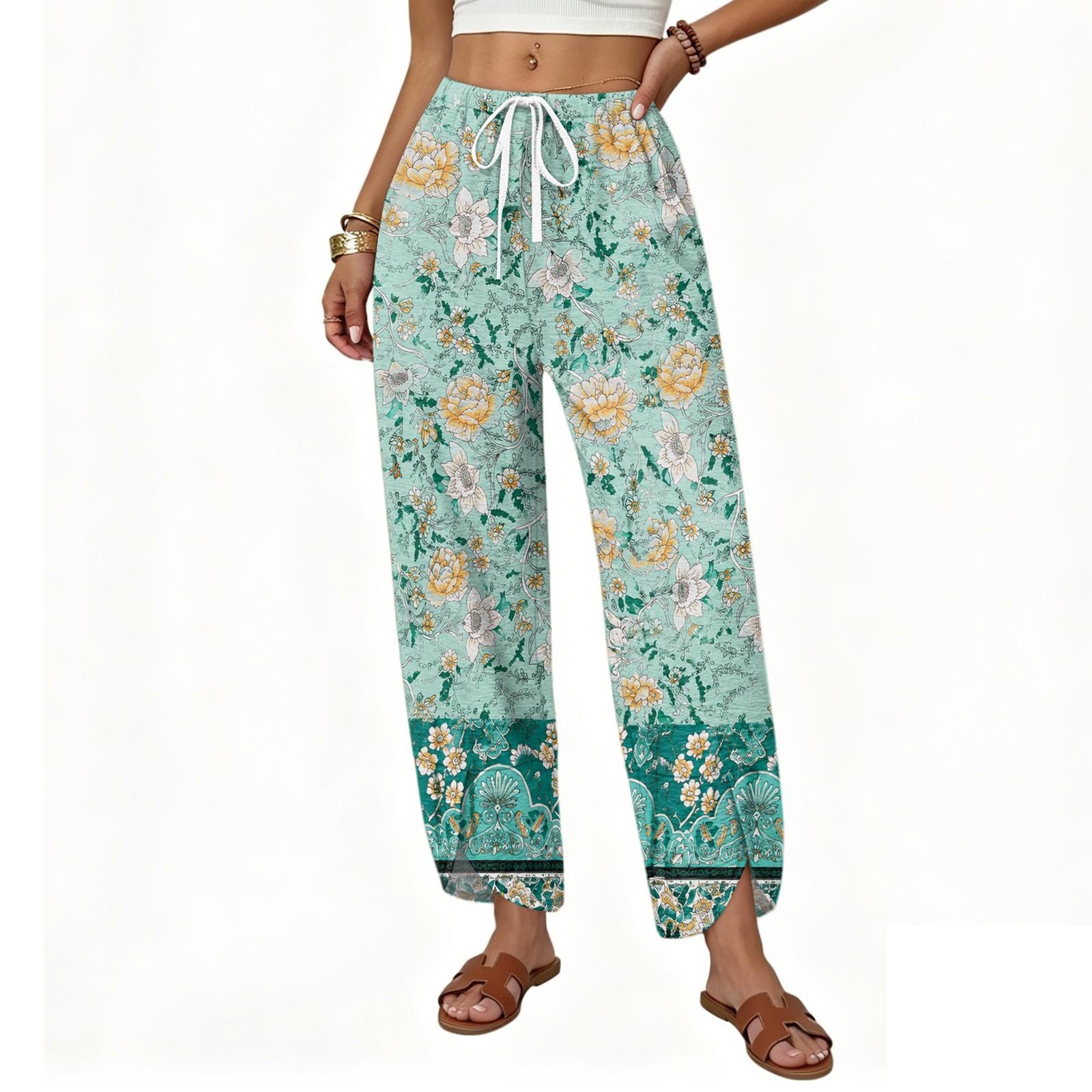 Women’s Casual Loose Fit Straight Leg Drawstring Waist Printed Wide Leg Pants for Everyday Wear Relaxed Style L