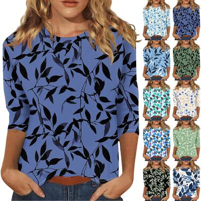 Women's Casual Loose Printed Round Neck Top With Three Quarter Sleeves T Shirt Top